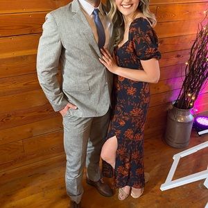 Lush formal dress wedding event side slit lined snap front with puff sleeves.